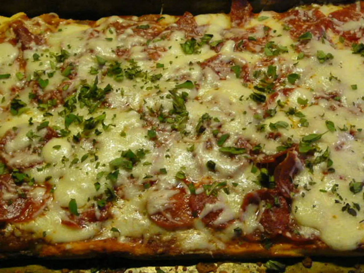 In this image there is a food item with cheese on the tray.