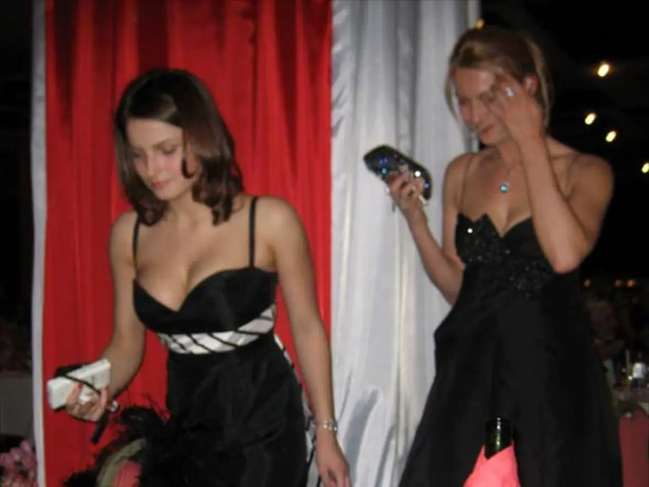 Here there are two women who are wearing the black dress and behind them there is a curtain of red...