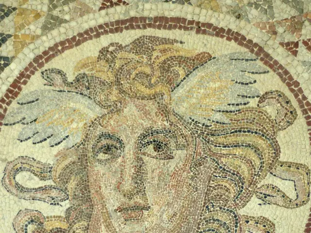 In this picture I can see an image of a person made up of different pieces of tiles.