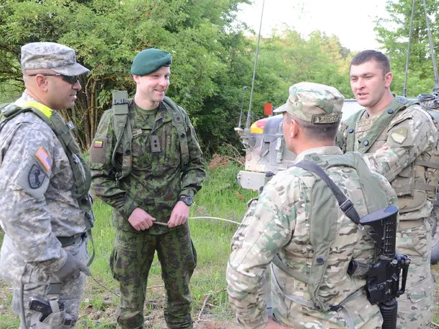 4 Army men are standing, they wore army dresses, weapons and caps and speaking. On the right side...