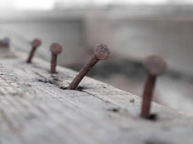 In this picture we can see screws on a wooden surface and in the background we can see it is...