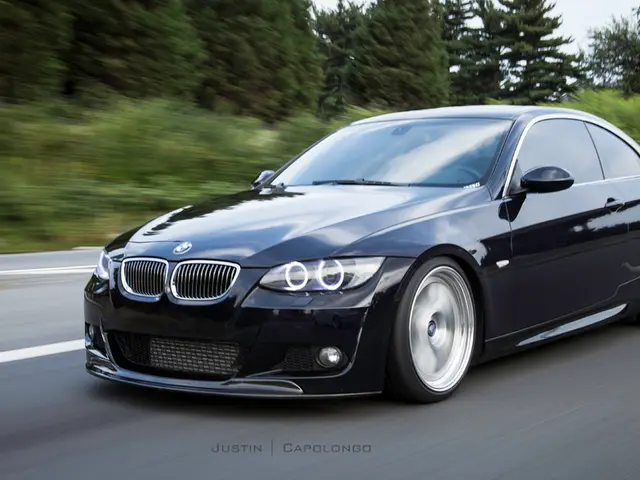 In this picture there is a black color bmw car on the road and there are trees in the background.