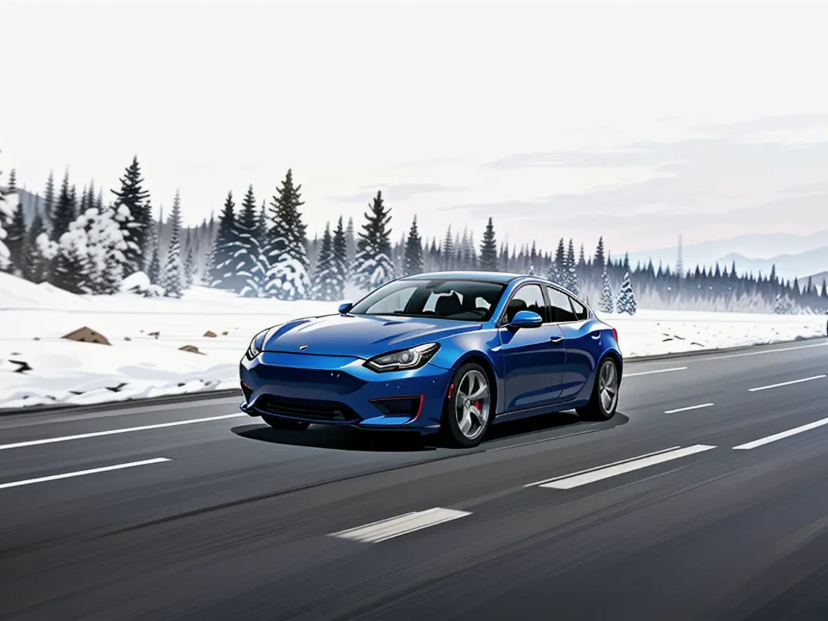 A Model 3 electric sedan traversing a highway amidst wintery weather conditions.