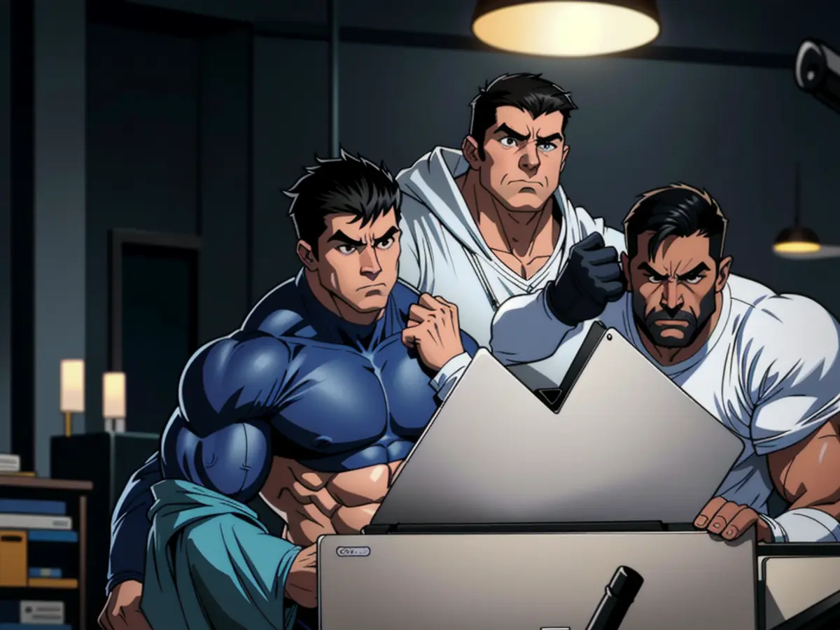 In a dimly lit room, three financiers scrutinize a display on a computer.