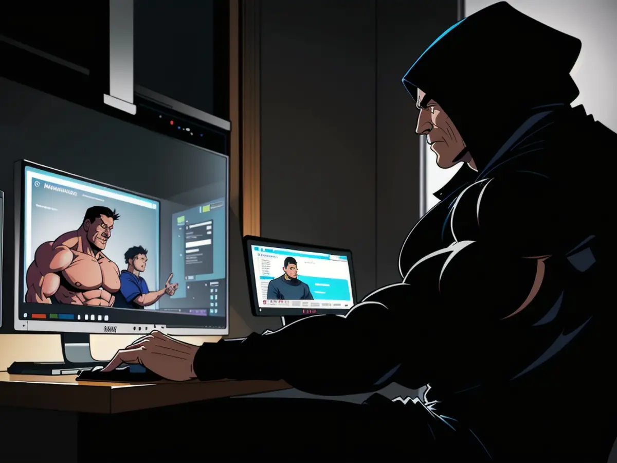 An individual wearing a black hoodie and intensely focusing on their computer keyboard in a poorly lit space.