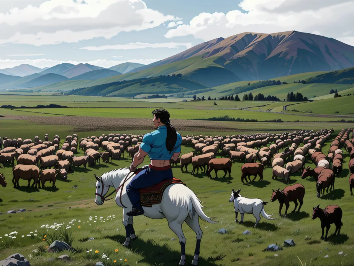 In the serene landscape of Khishig-Undur, Bulgan province, Mongolia, a rider on horseback keeps a watchful eye over his flock of sheep and goats on July 5, 2024.