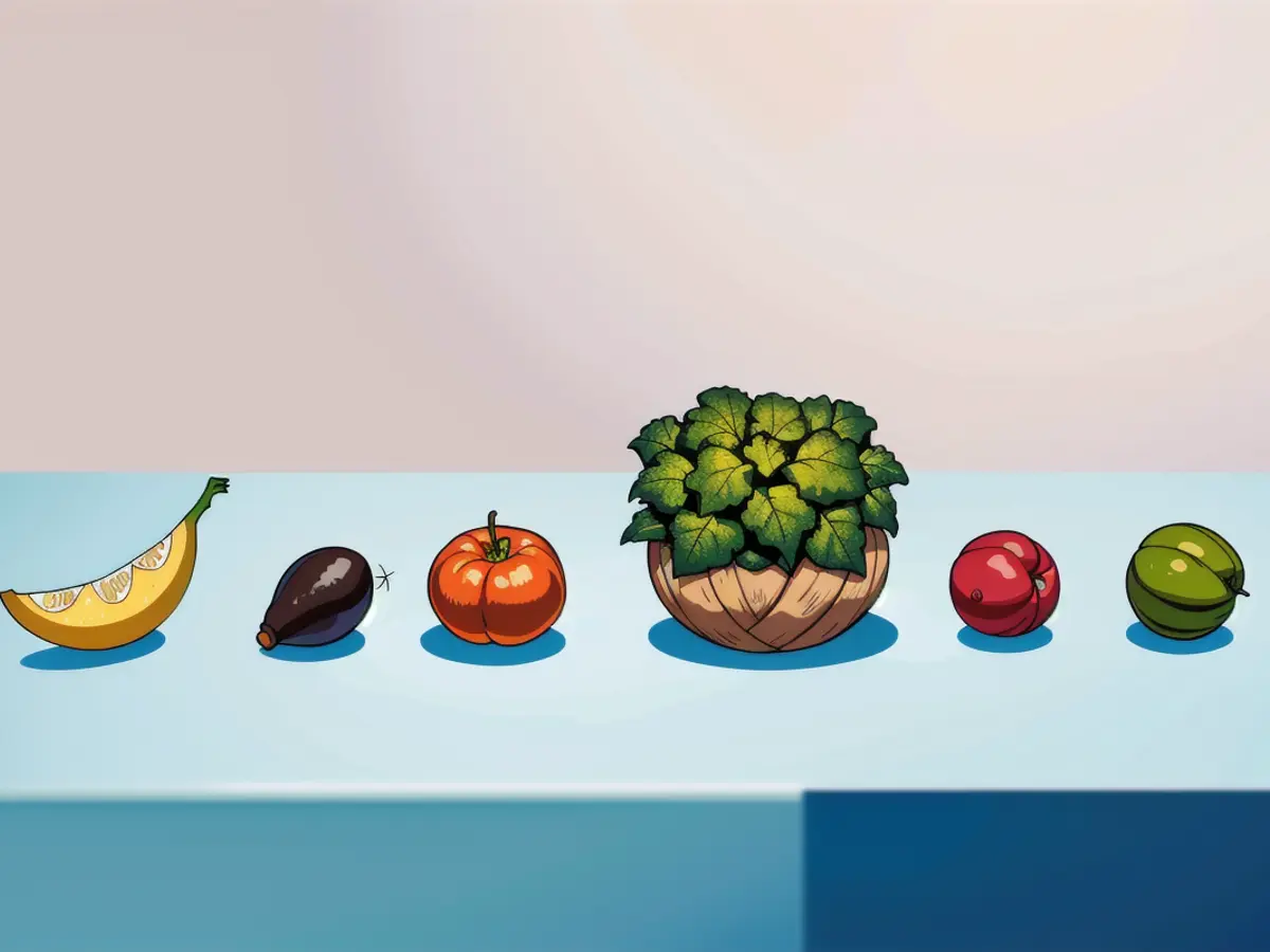 Vibrant array of vegan options, assorted fruits and vegetables elegantly arranged on a tranquil...