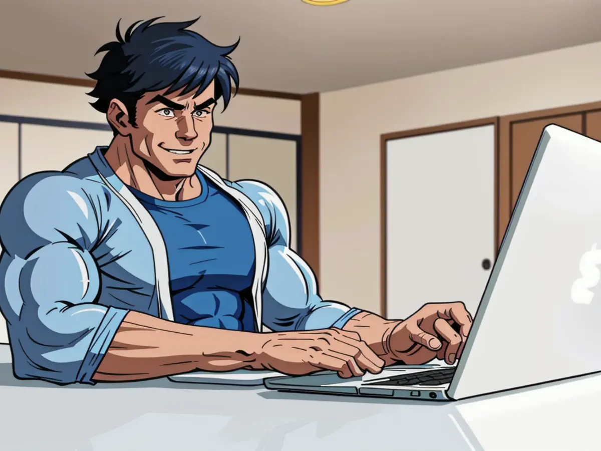 A financial backer expressed joy as he scrutinized information on his computer.